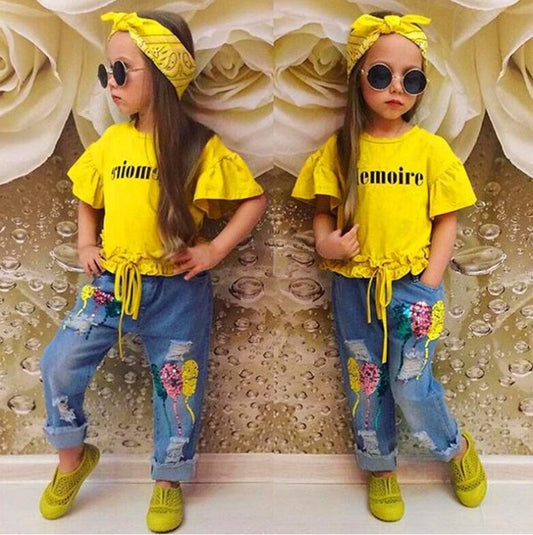 Girls Clothing Cotton Yellow Letter Girls Clothing Cotton Yellow Letter T-Shirt Jeans Suit J&E Discount Store 