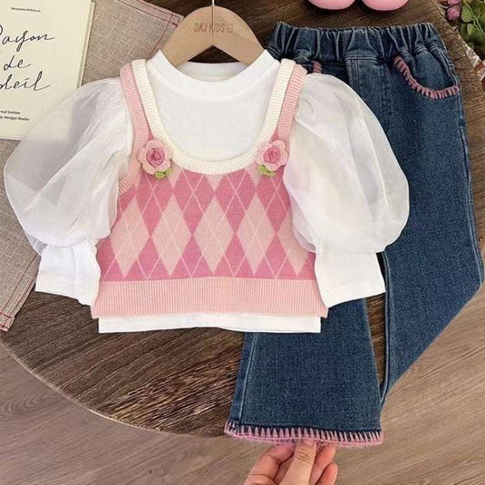 Girls' Doll Shirt Autumn Girls' Doll Shirt Autumn New Knitted Vest Autumn Three-piece Suit J&E Discount Store 