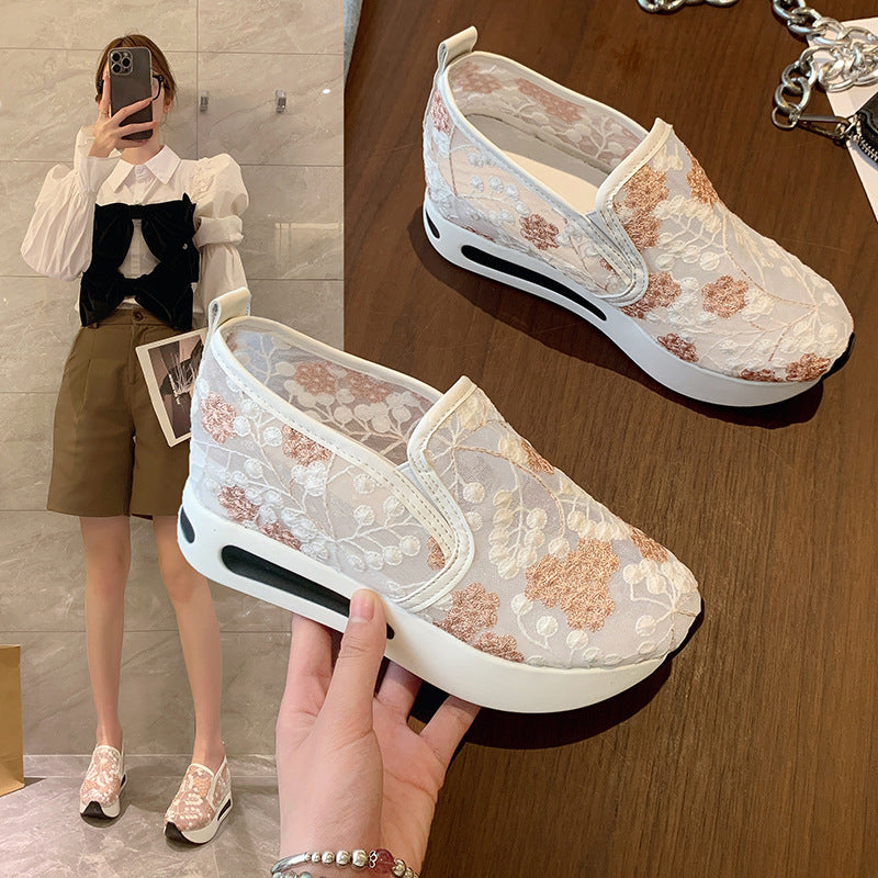 Women's Fashion Lace Mesh Casual High Heel Sneakers