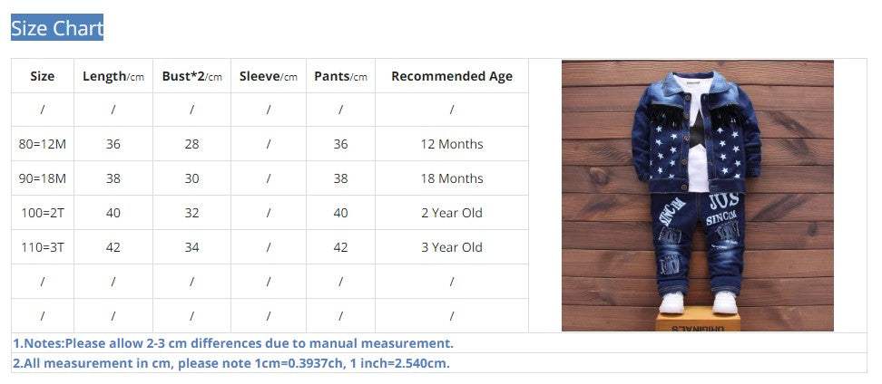 Size Chart Baby Denim Jacket and Pant Set- J&E Discount Store