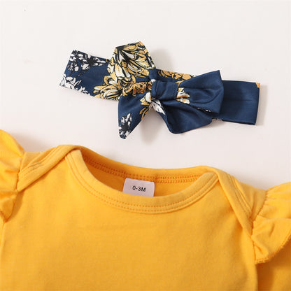Yellow Floral Short Set With Headscarf Three-piece Set