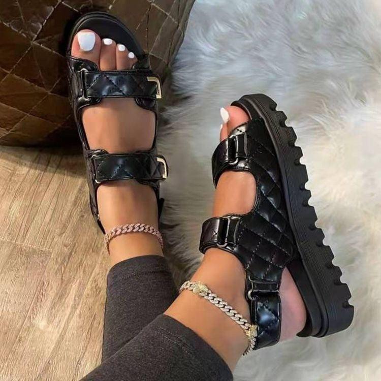Size Classic Style Plaid Velcro Thick Low Beach Women's Sandals European And American Plus Size Classic Style Plaid Ve J&E Discount Store 