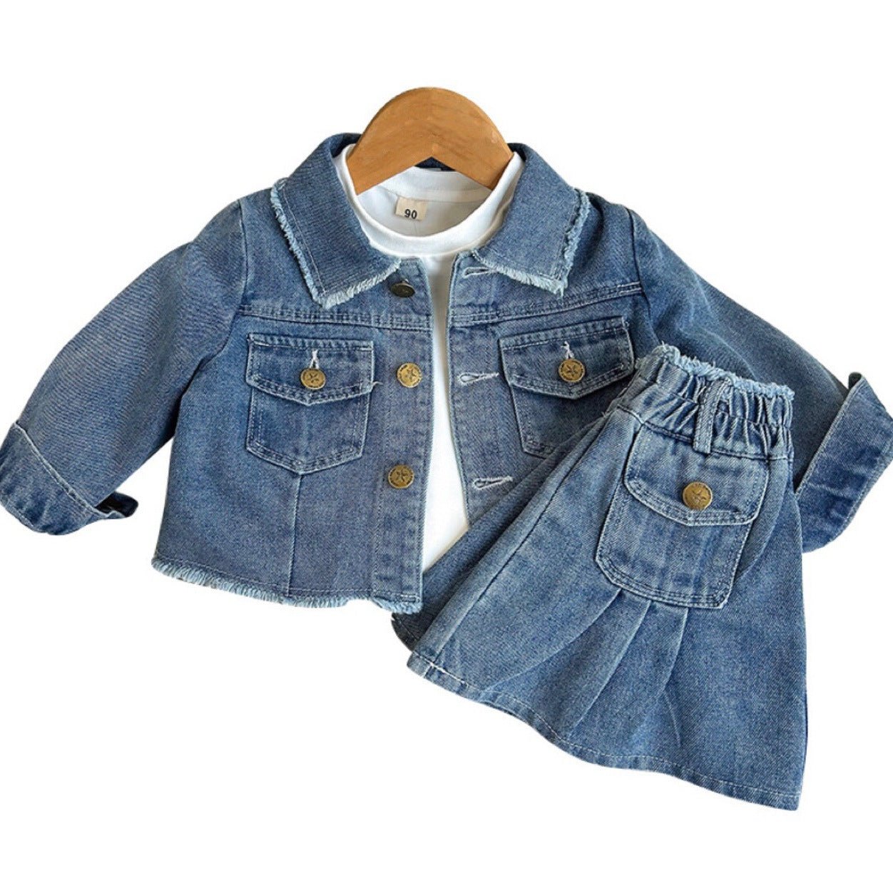 Blue Retro Lapels Long Sleeve Girls' Jean Jacket Pleated Skirt Suit - J&E Discount Store