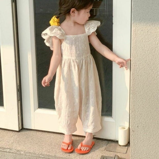 Embroidered Cotton Flounced Sleeve Exposed Back Jumpsuit Children's Embroidered Cotton Flounced Sleeve Exposed Back Jumpsuit J&E Discount Store 